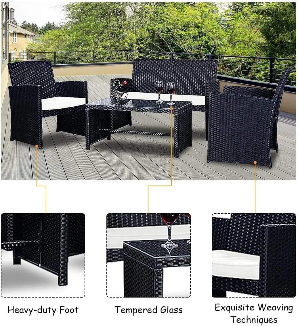 

4-Piece Rattan Sofa Set w/Soft Weather Resistant Cushions and Tempered Glass Tabletop, Outdoor Patio Furniture Set for G