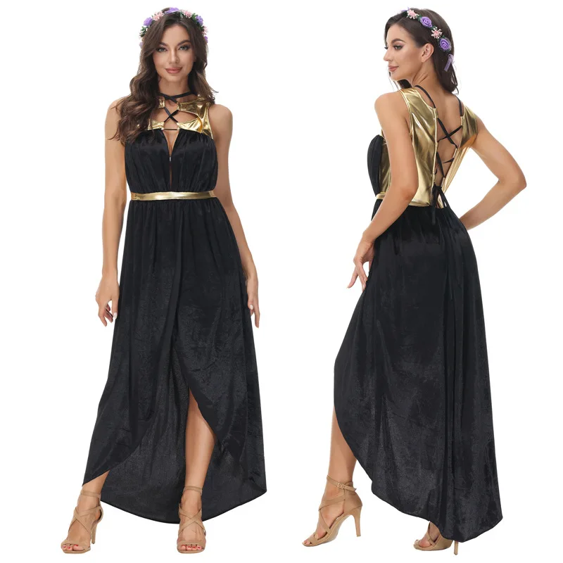 

Classical Mythology Halloween Costume PU Leather Trimmed Long Gown with Side Slit for Bar Performances And Party Wear