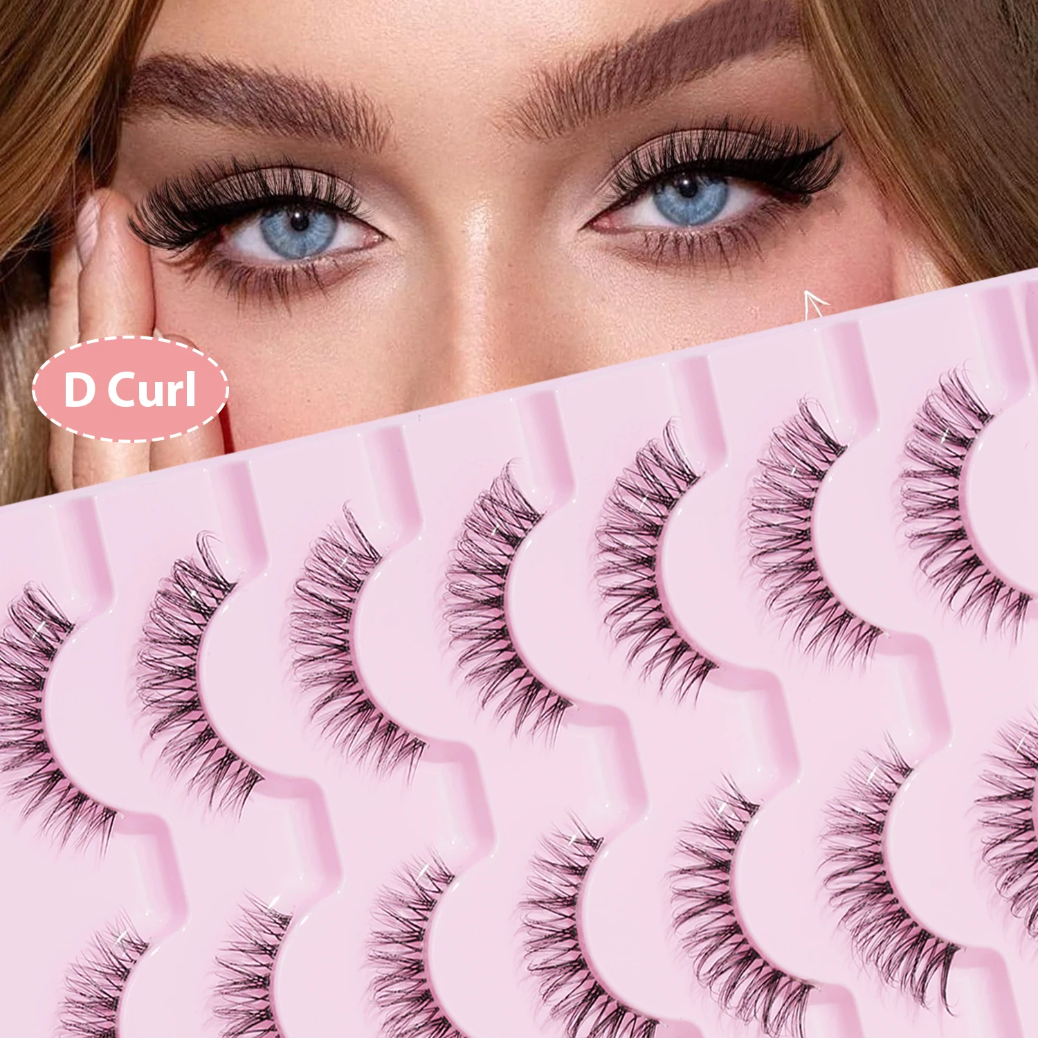 7 Pairs of Natural D Curled Transparent Stem Crossed False Eyelashes