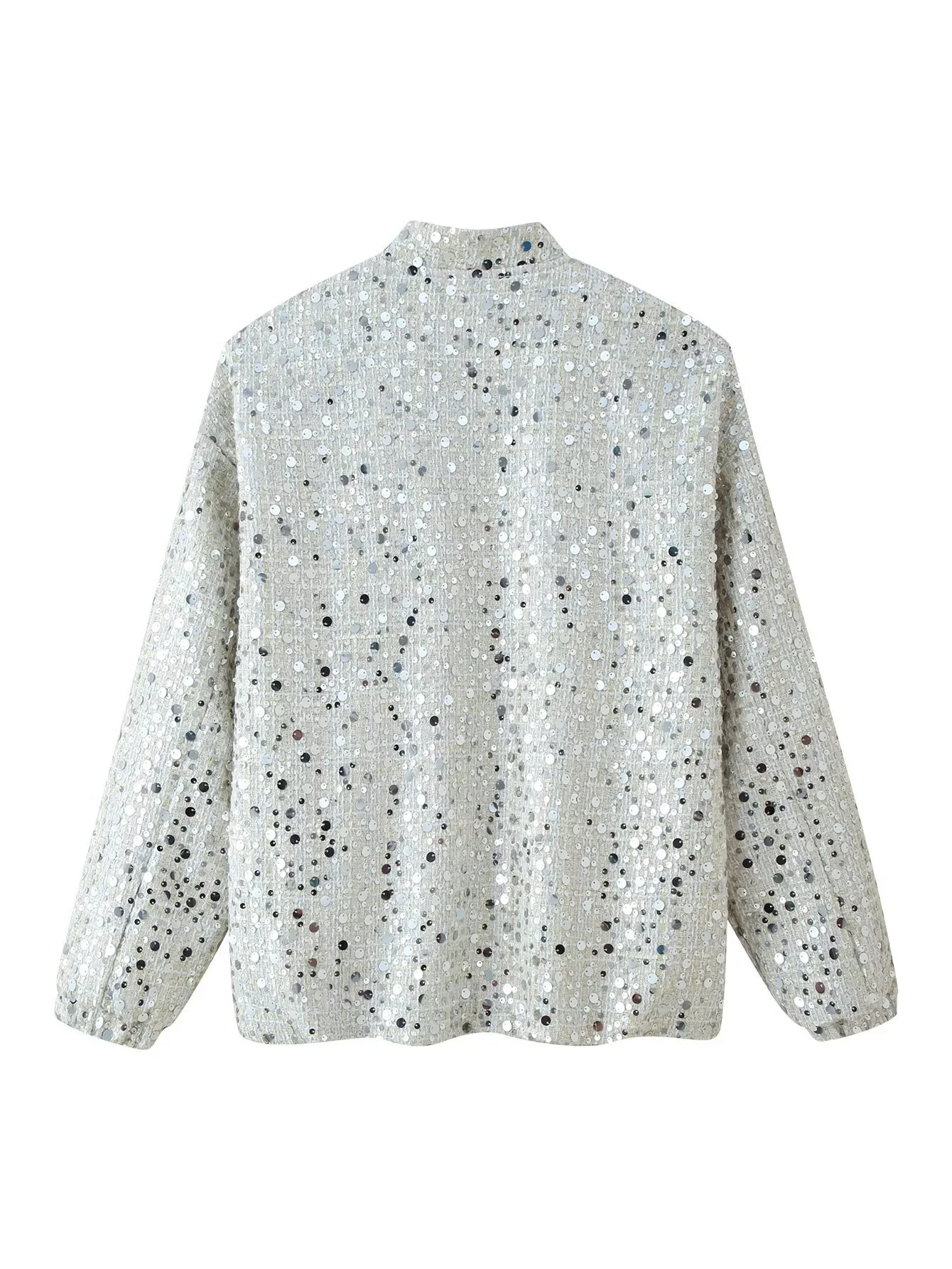 Spring Autumn Sequin Jacket French Style Elegant Stand Up Collar Long Sleeved Top Women Versatile Loose Zipper Cardigan Coat