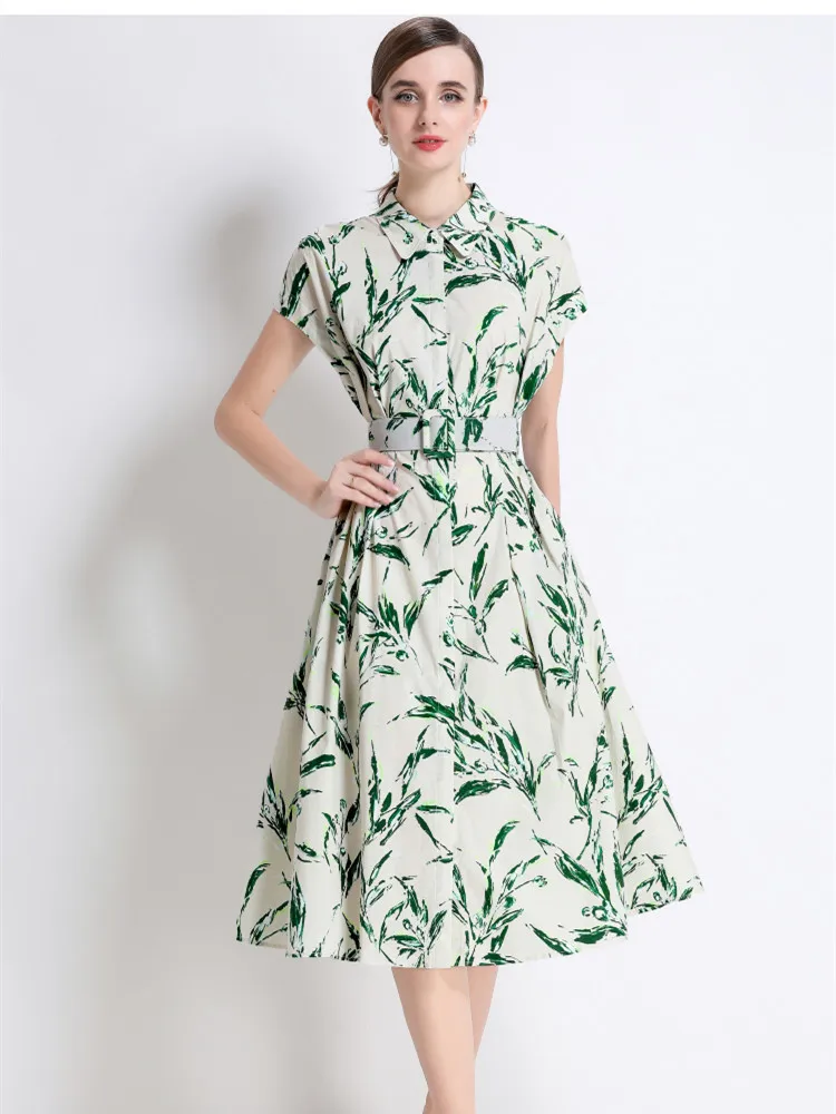 Robe mi-longue imprimée Vintage pour femmes, élégante, revers, manches courtes, ceinture, chemise de vacances, vêtements de Festival décontractés