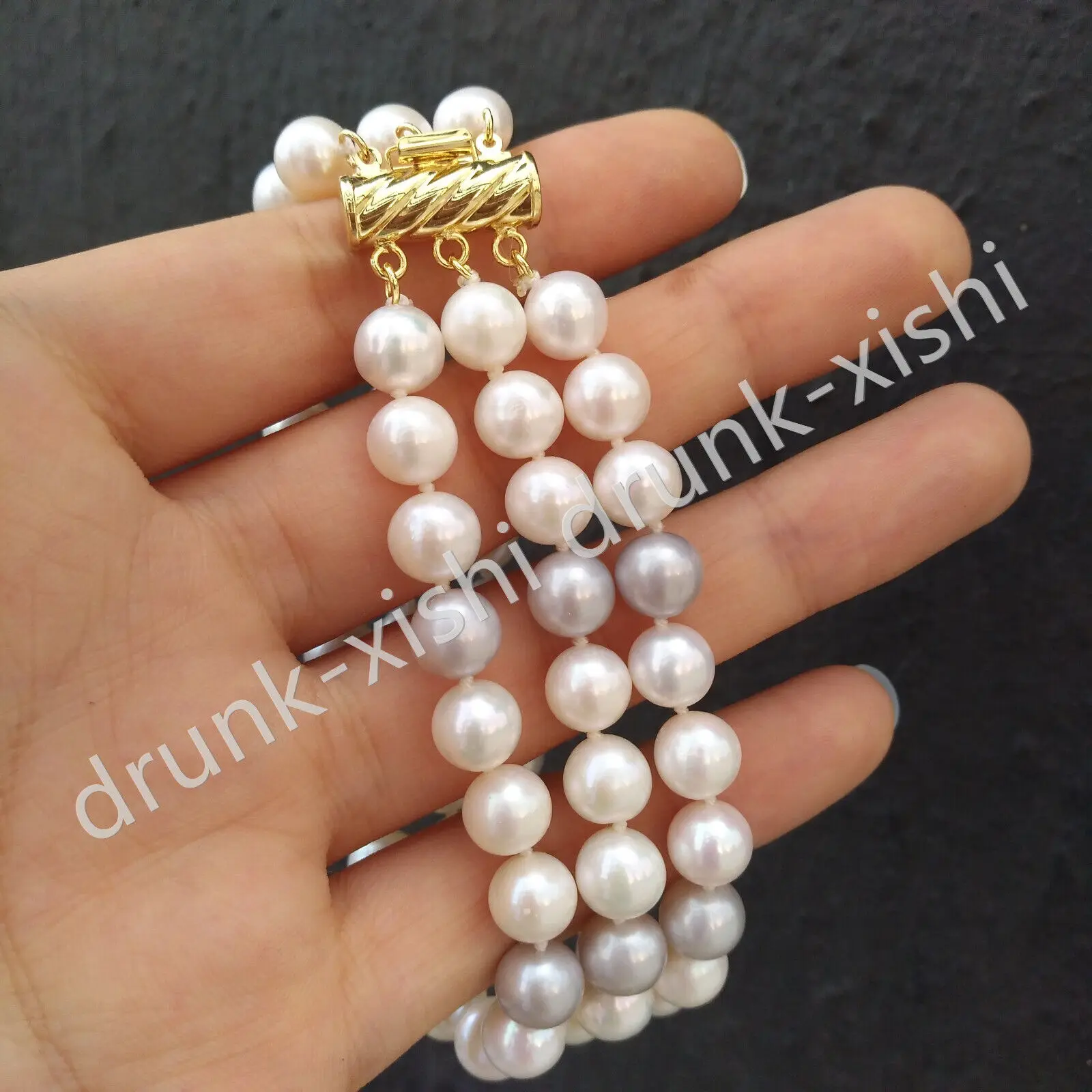 3 Rows Strand AAA+ 7-8mm South Sea Round Gray + White Natural Real Pearl Bracelet 7.5-8