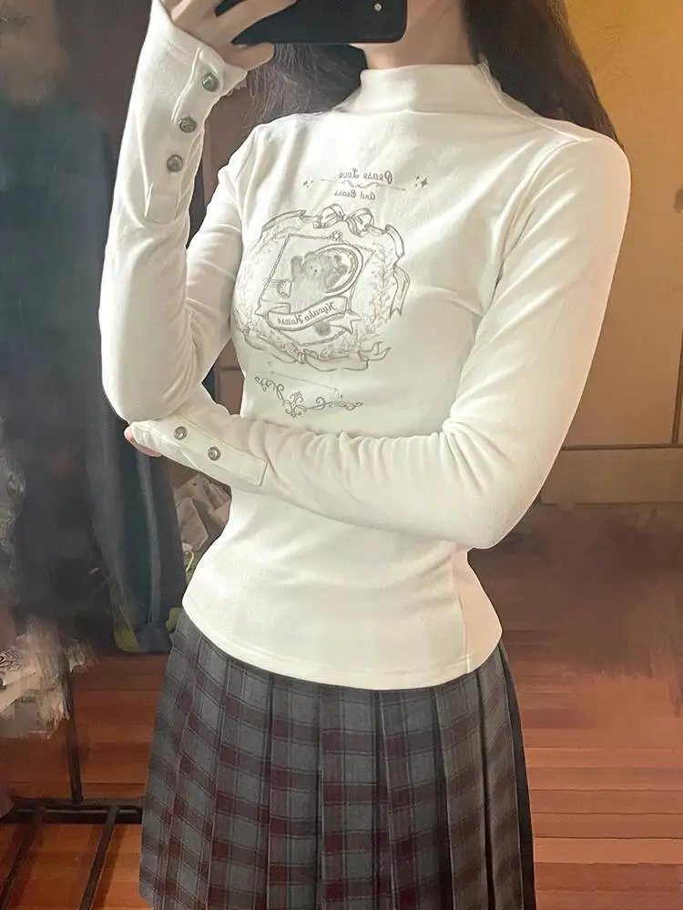 

Women Base Layer 2025 Autumn Winter New Women's White Bear print Base Layer Neck Slim Fit Hottie Style Long Sleeve T Shirt