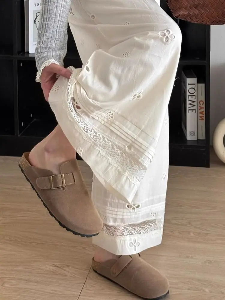 Ele High Waist Lace Hollow out Casual Pants Women's Wide Leg Long Trousers Summer Slimming Loose Fit Straight Leg Jeans