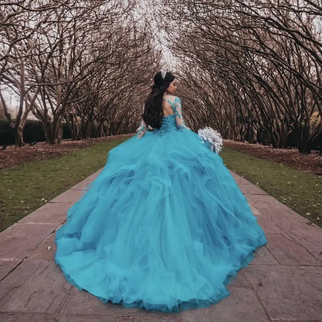 ANGELSBRIDEP-vestidos de quinceañera Aqua, vestidos de encaje de ilusión pura, mangas largas escalonadas, dulces, vestidos de Debut de 15 años, vestidos de baile de fiesta nuevos