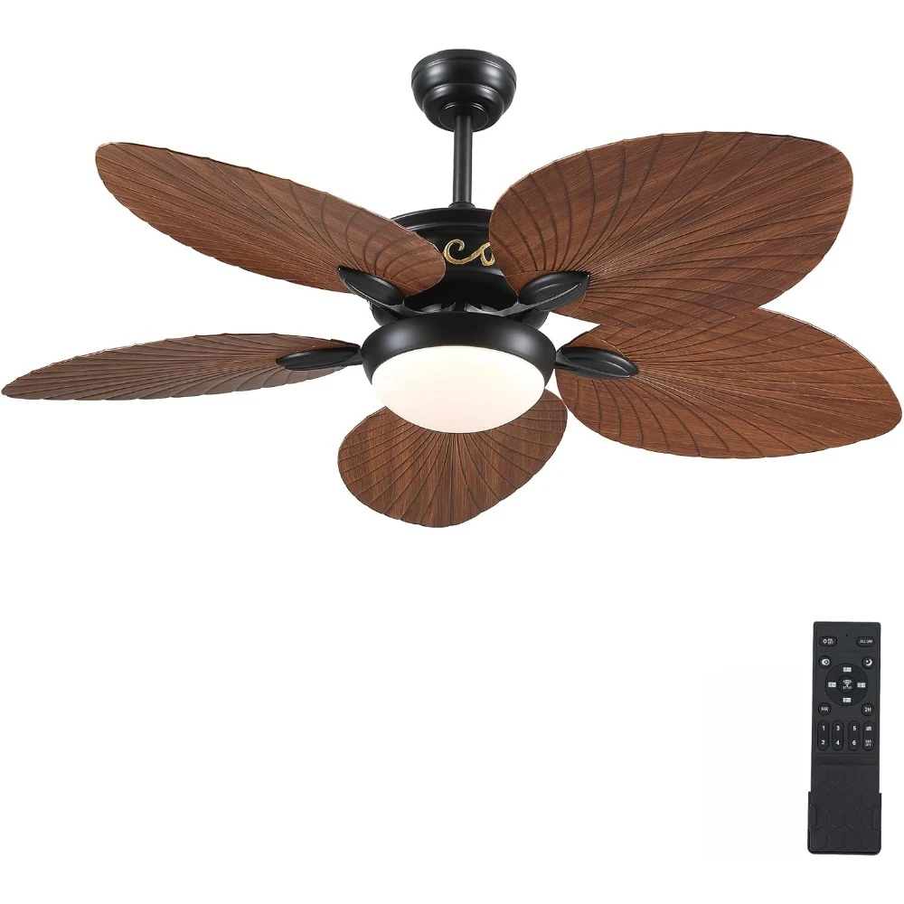 Tropical Ceiling Fans with Lights, 52 Inch Indoor Outdoor Palm Leaf Ceiling Fan for Patios Porch Bedroom, Remote/APP Control