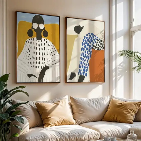 2-Piece Abstract African Woman Art Print Set, Unframed Modern Living Room Decorative Painting, Blue and Orange Geometric Pattern Painting, Medieval Style Art Poster, Minimalist Artwork, Feminist-Themed Bedroom/Home Office/Dormitory/Corridor Hanging Painting, Room Decoration Painting