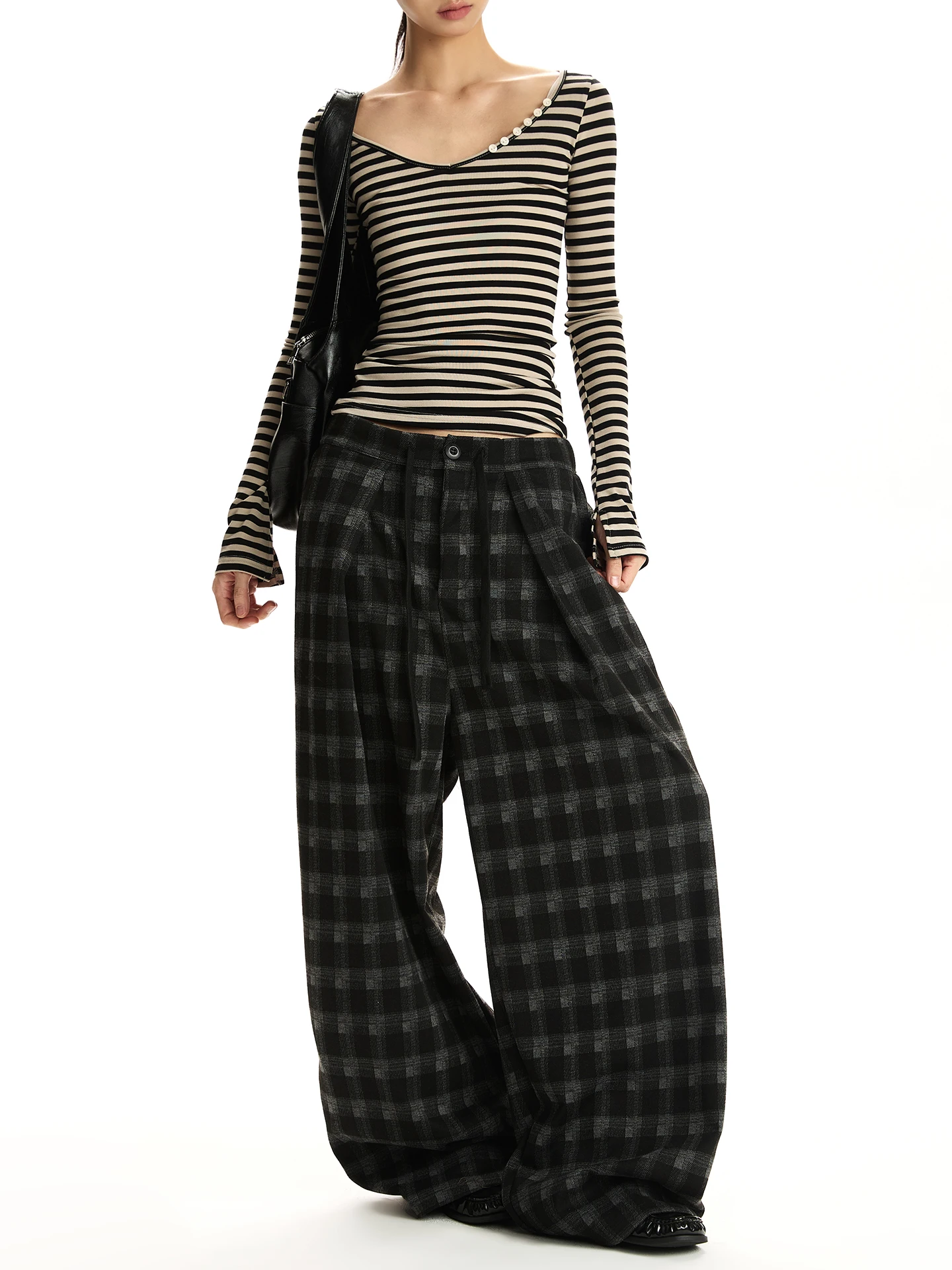 

Женские домашние брюки в американском ретро-стиле, свободные, с широкими штанинами, прямого кроя, с высокой талией, в клетку, для отдыха