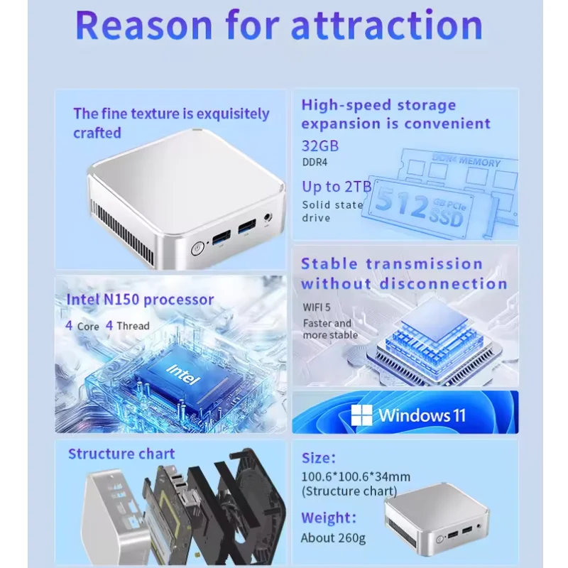 Mini PC COB PLUS Quad Core Intel Twin Lake N150 16GB LPDDR4 512GB SSD Windows 11 BT4.2 RJ45 1000M WiFi5 PC tascabile ultra piccola