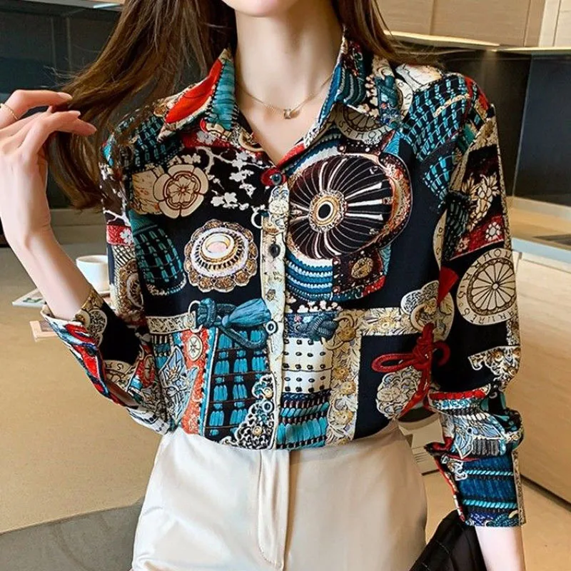 Vintage Folk Style Printed Shirt Fashion Women\'s Clothing Spring Autumn All-match Long Sleeve Button Turn-down Collar Blouse