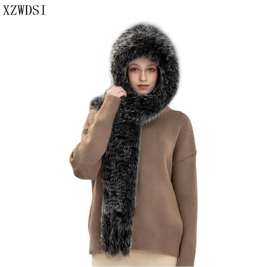 

Новые зимние женские шапки и шарфы из натурального лисьего меха, женские теплые пушистые роскошные вязаные шарфы с капюшоном из натурального меха