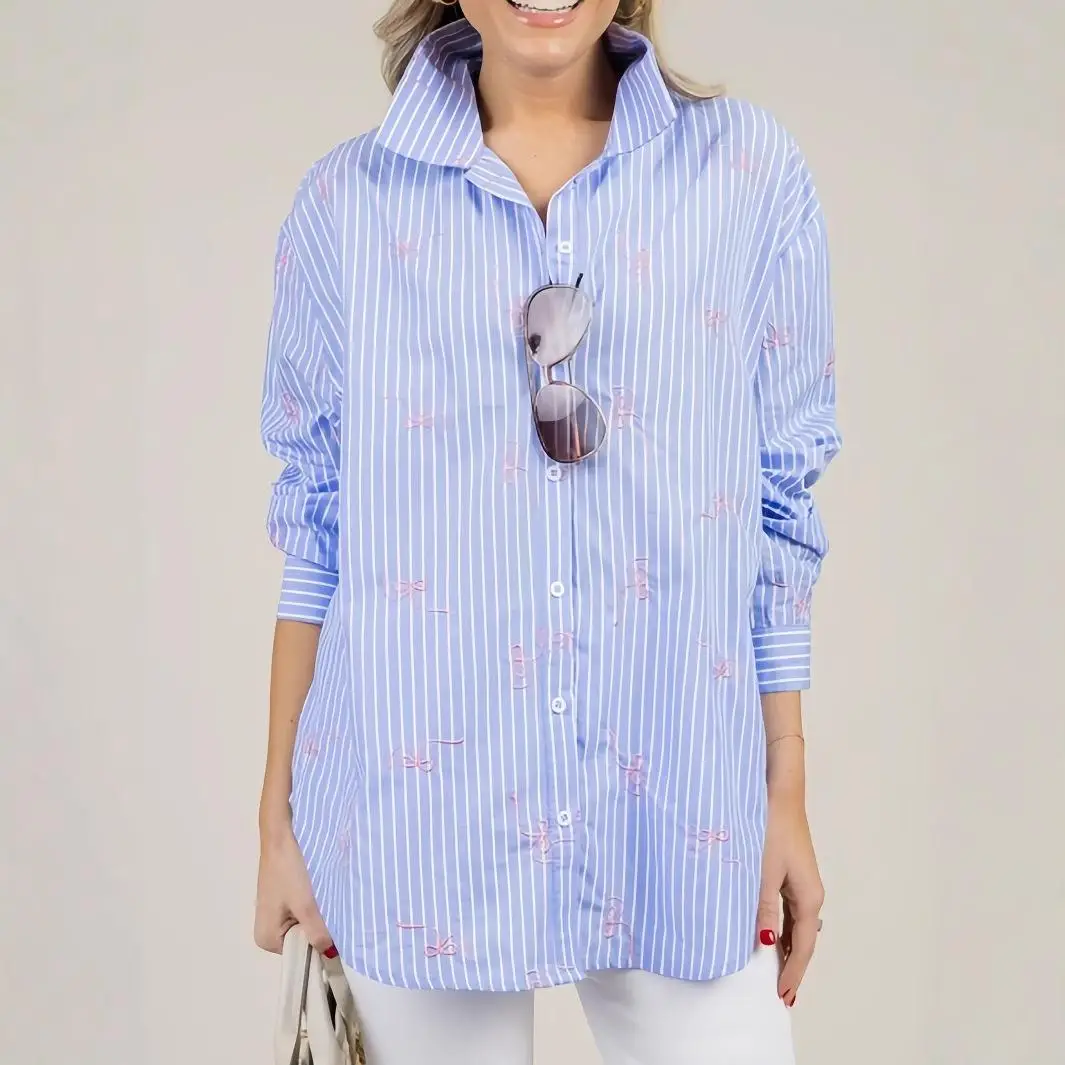 

Women's Casual Striped irt Knot Embroidery Button Long Sve Collar Summer Cotton Blend Thin Fabric Commute Sle
