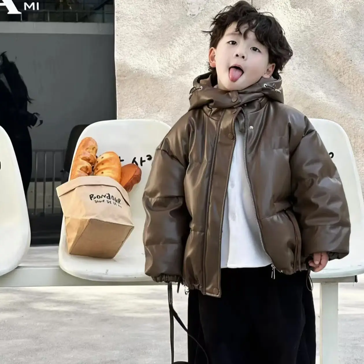 

Fashion Children Winter Warm Boys Clothes Set Elegance Leather Cotton Hooded coat Jacket Coat+Loose Pants Kids Handsome Parka