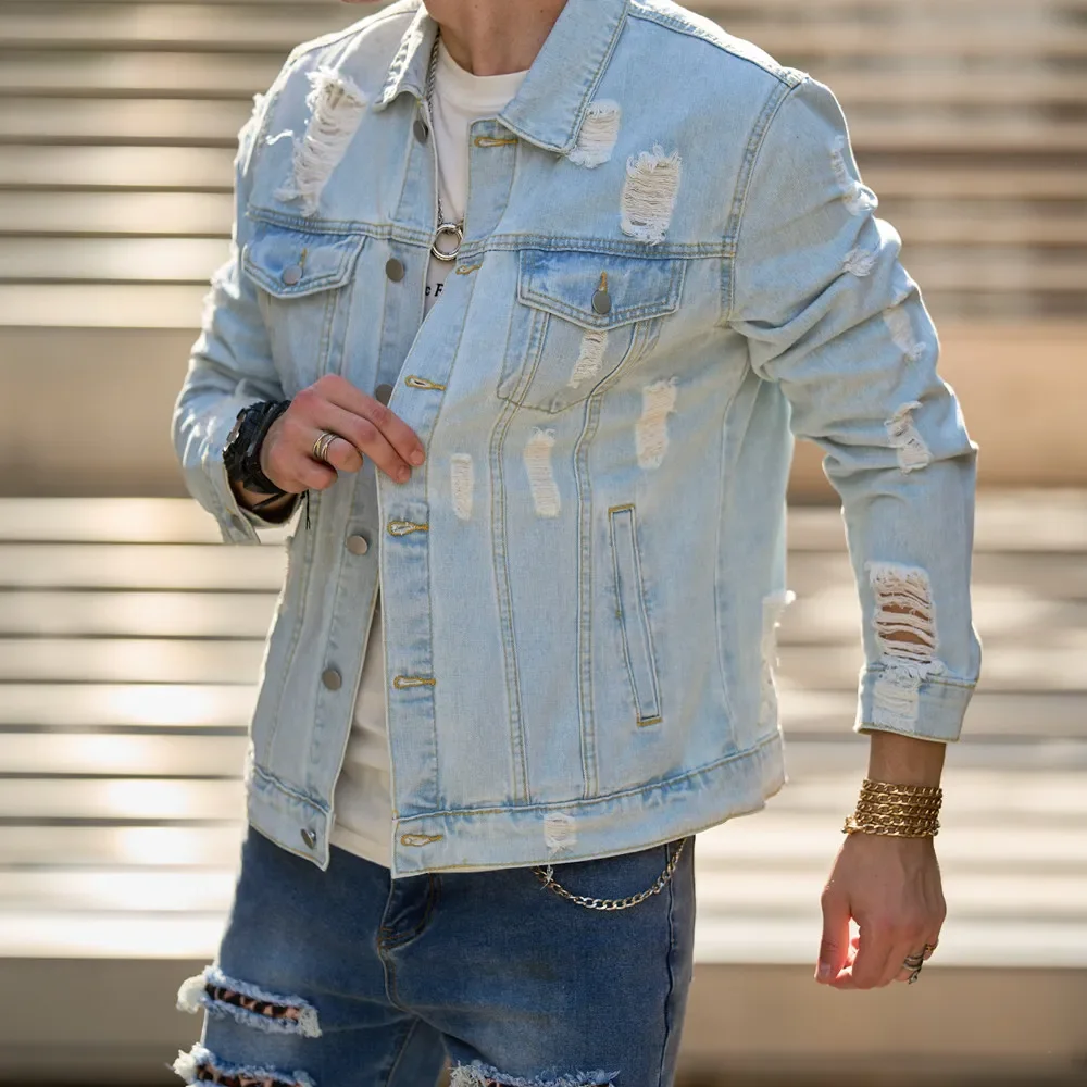 Autumn New Men Streetwear Fashion Solid Holes Slim Denim Jacket High quality Male Casual Jacket Coat