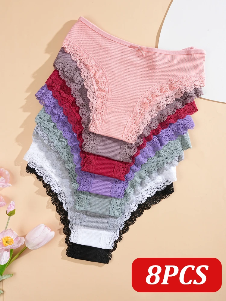 8PCS Women's Cotton Fabric Panties Sexy Lace Bowknot Solid Color Bikini Underpants Fashion Double Straps Comfortable Underwear