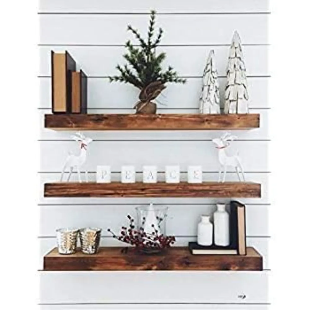 

Wood Floating Shelves Set Handcrafted Rustic Pine Kitchen Office Bedroom Wall Mounted Smooth Finish Organizers No Urethane