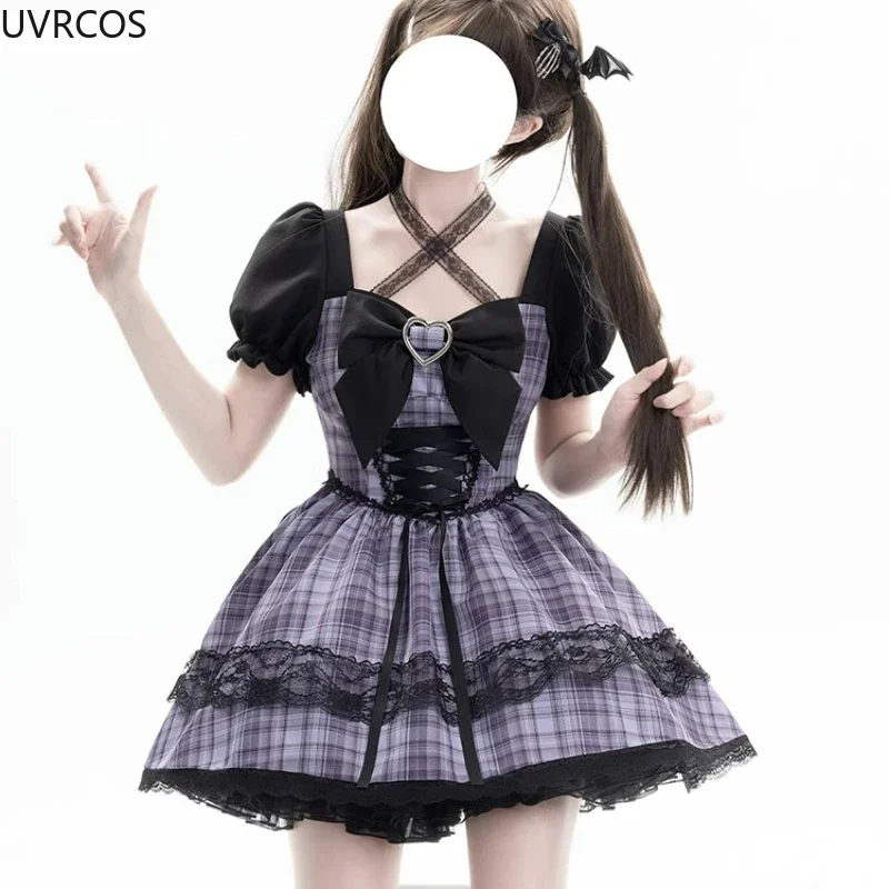 Japanese Gothic Y2k Plaid Lolita Dress Women Sweet Bow Lace Patchwork Slim Bandage Dresses Kawaii Puff Short Sleeve Mini Dresses