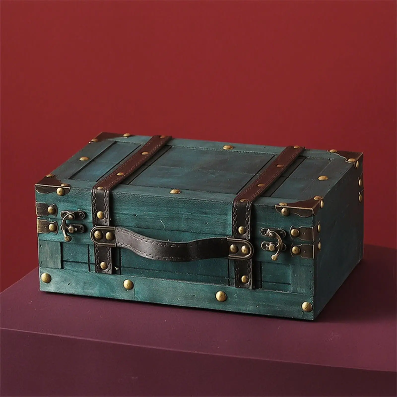 Wooden box with leather handle, vintage suitcase with leather handle, antique