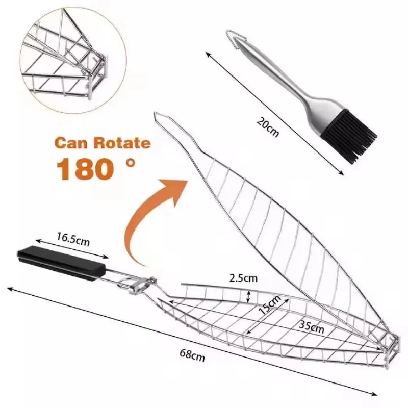 Stainless steel grilled fish grill basket with removable handle for salmon, seafood, and vegetables