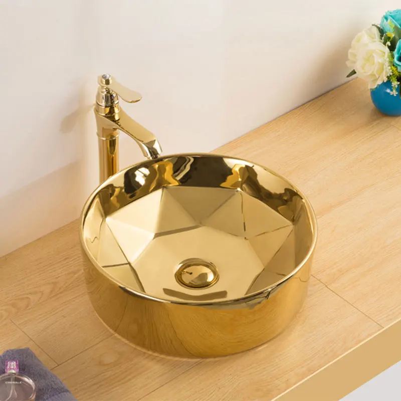 Sanitary Ware  Toilet Manufacturer Bathroom Accessories Ceramic Wash Basin Gold Plated Round Shape with Diamond Design