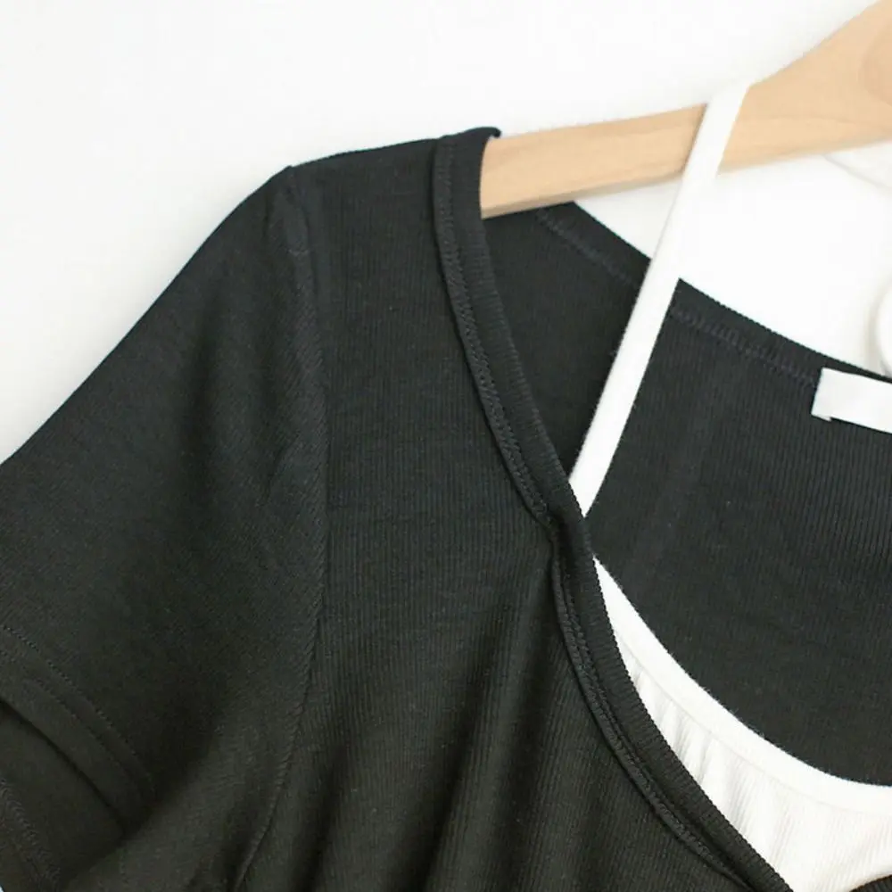 أنيقة الكورية وهمية قطعتين أعلى الشارع الشهير قصيرة الأكمام سترات خفيفة الوزن السباغيتي حزام الجمالية الرسن تانك الأعلى الفتيات