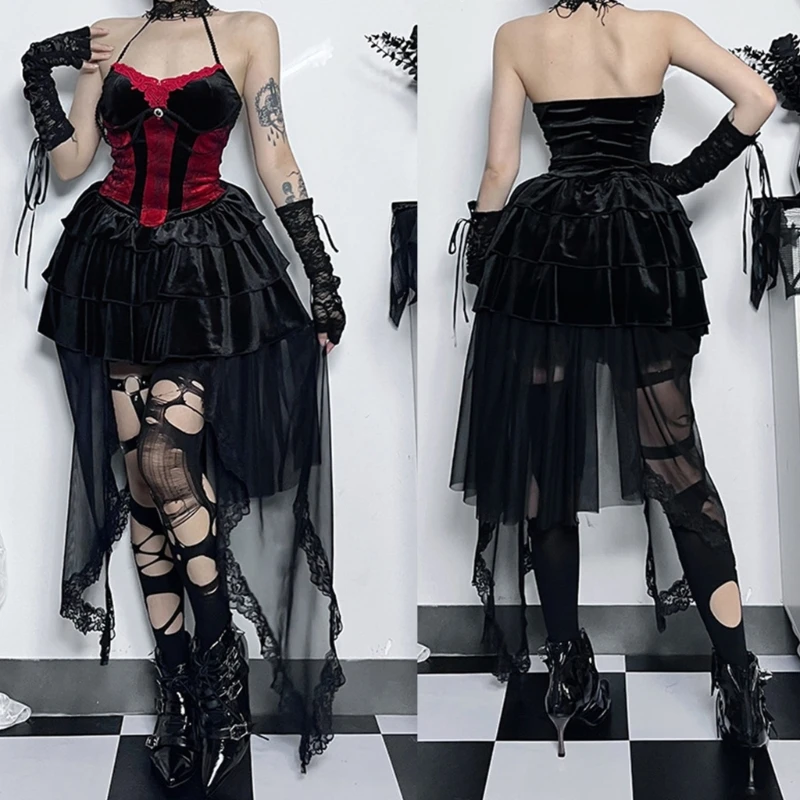 Womens Colorblock 홀터 탑 비대칭 미니 스커트 다크 고딕 펑크 Partywear