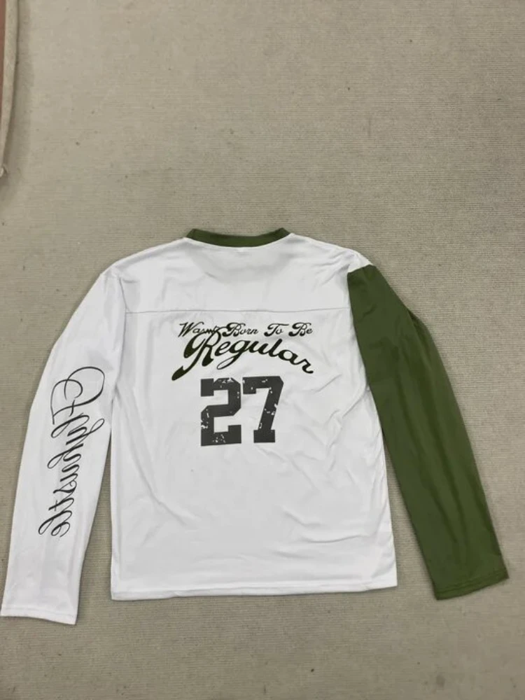 

Retro Y2K Streetwear Aesthetics Top Personalized Letter Print Color Blocked Fashion T-shirt Harajuku Round Neck Long Sleeved Tee