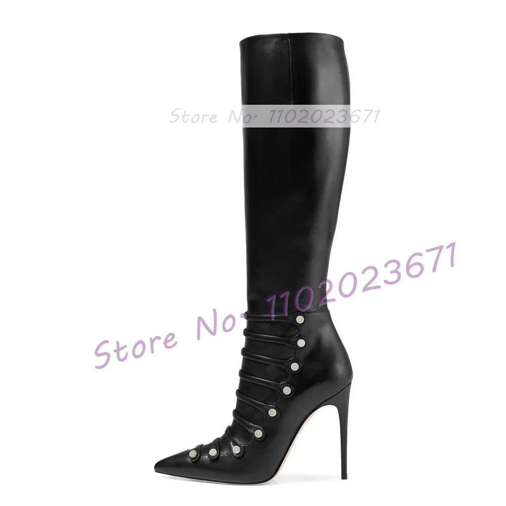Black Strappy Pointy Knee High Boots Women Stiletto High Heels Party Casual Shoes Sexy Ladies Side Zipper Pearl Button Boots