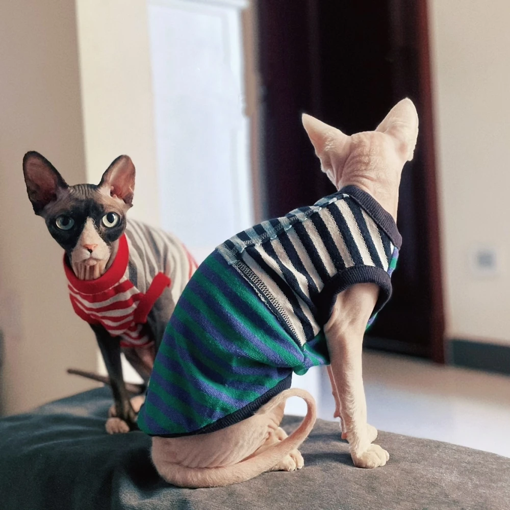 Striped Vest for Sphynx Cat  Spring Fashion Cotton terry stitching Coat for Hairless Cat Soft T-shirt for Kittens dogs in Autumn