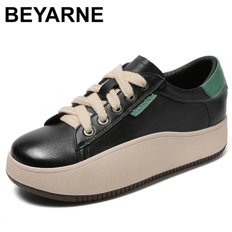 Women Sneakers Shoes Spring Genuine Leather Round Toe Thick Bottom Casual Shoes College Style Platform Sneakers