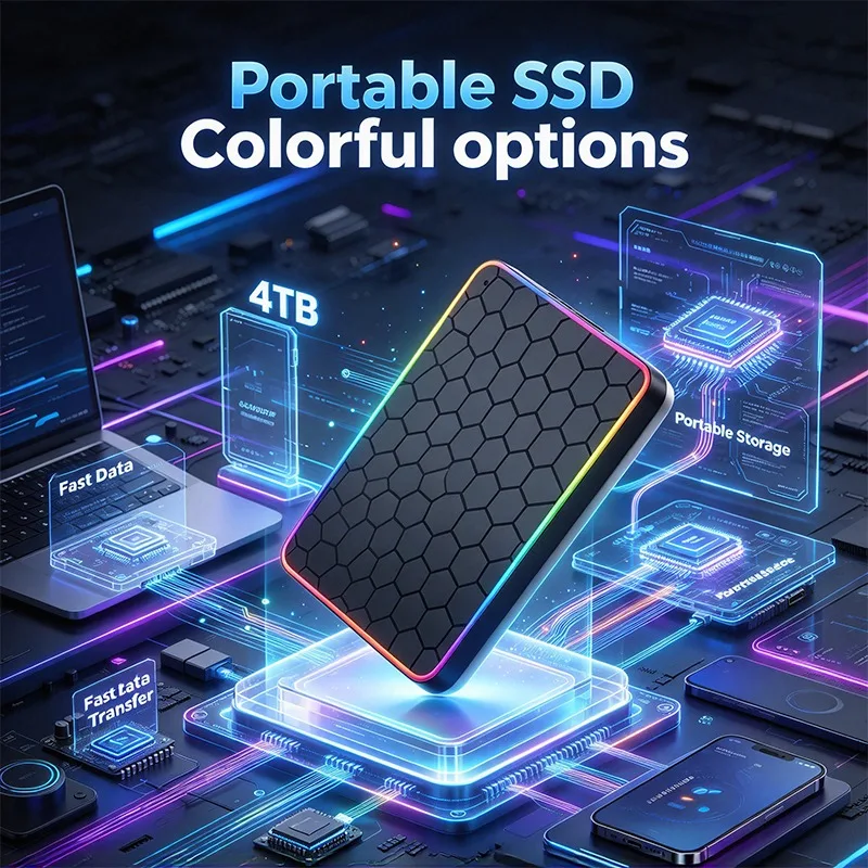 SSD externo portátil de alta velocidade com 4 TB, iluminação RGB, revestimento com textura em favo de mel e design colorido, para armazenamento em massa em laptops e PCs – unidade de estado sólido.