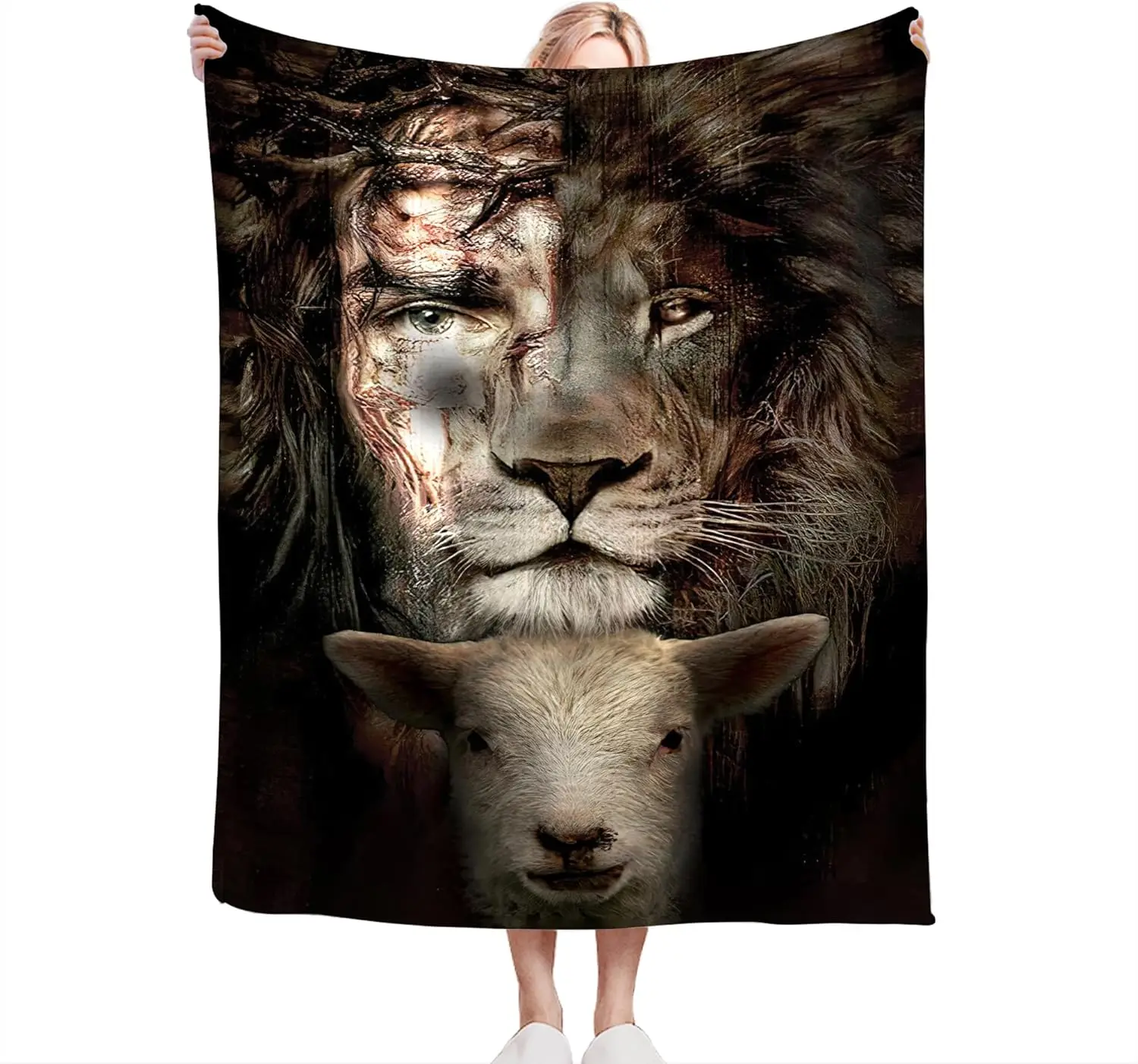 Christian Jesus Lion Lamb Throw Blanket Soft Warm Cozy Fleece Bedding Blanket for Women Bed Couch Sofa 50x40inch