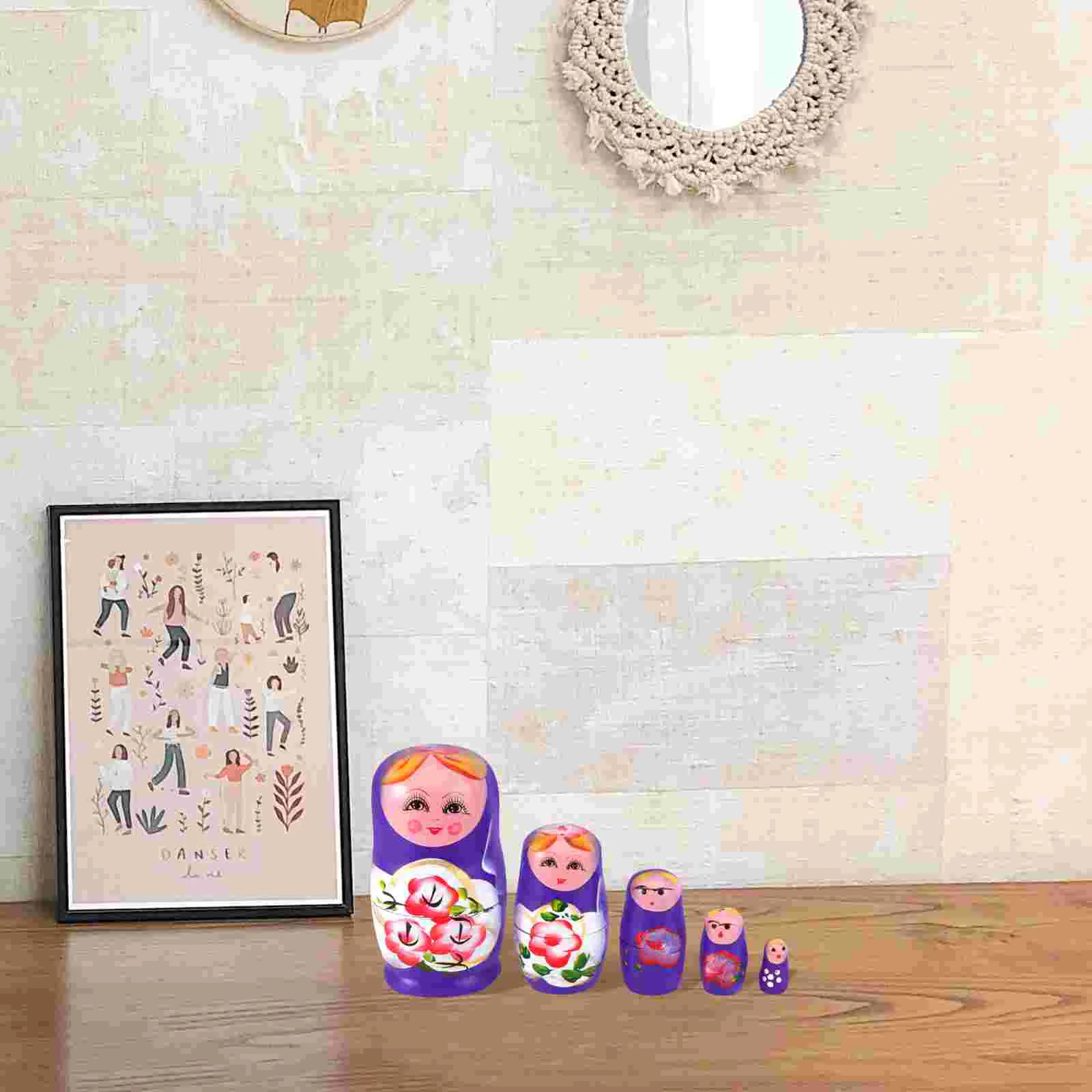 5 Pcs Nesting Dolls Nativity Toys for Kids Matryoshka Russian Children's Gift Cartoon Stacking Purple Wooden