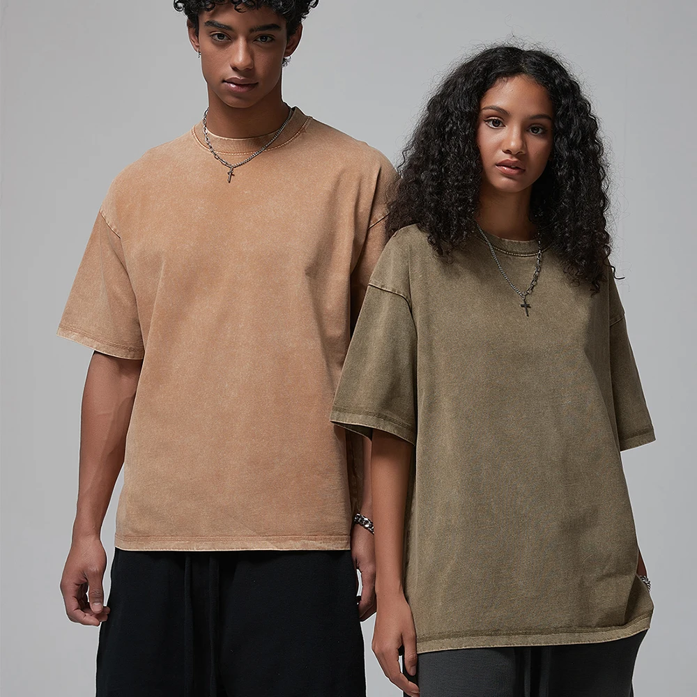 

High Street Style Round Neck Oversized T Shirt Vintage Batik Acid Washed 275GSM 100% Cotton Double Yarn Men T Shirt