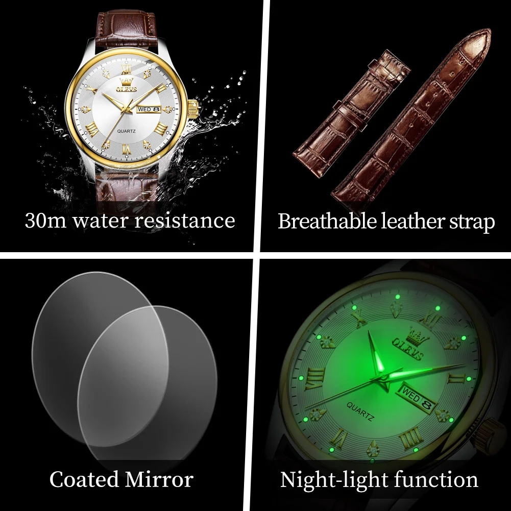 OLEVS 3649 Mens Watch Original Casual Fashion Quartz Watch Waterproof Luminous Week Date Watches For Man And Woman Leather Strap