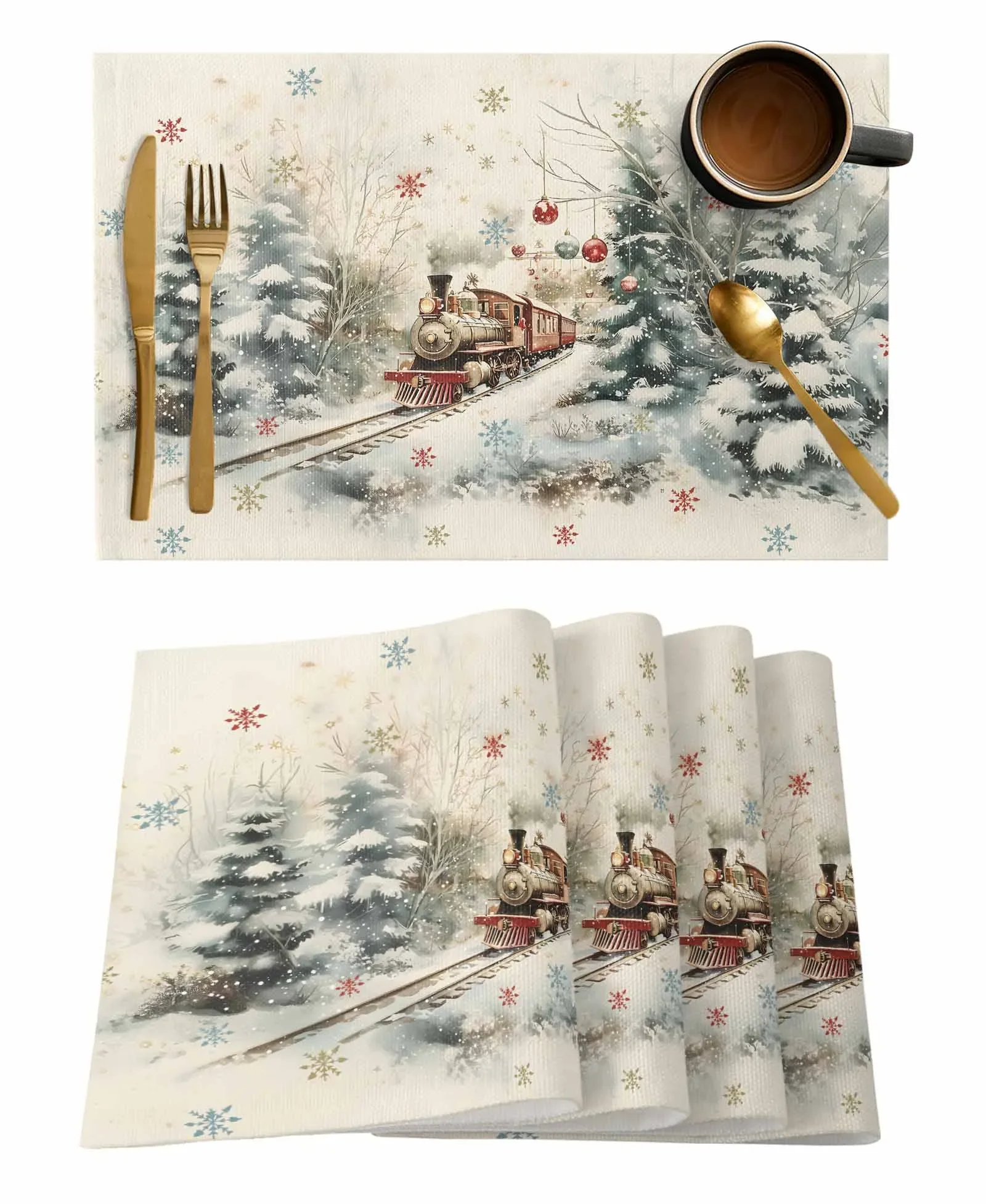 4PCS Christmas Ball Train Forest Snow Scene Snowflakes Placemats Linen Dining Table Mats Coaster Kitchen Home Decoration