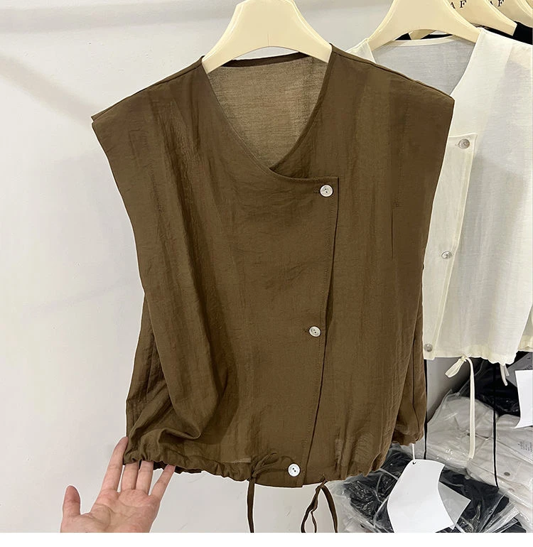 

Women's Casual Shirt Drawstring V-Neck Sleeveless Short Design Spring Summer Fashion Ladies' Top Warmth Feature