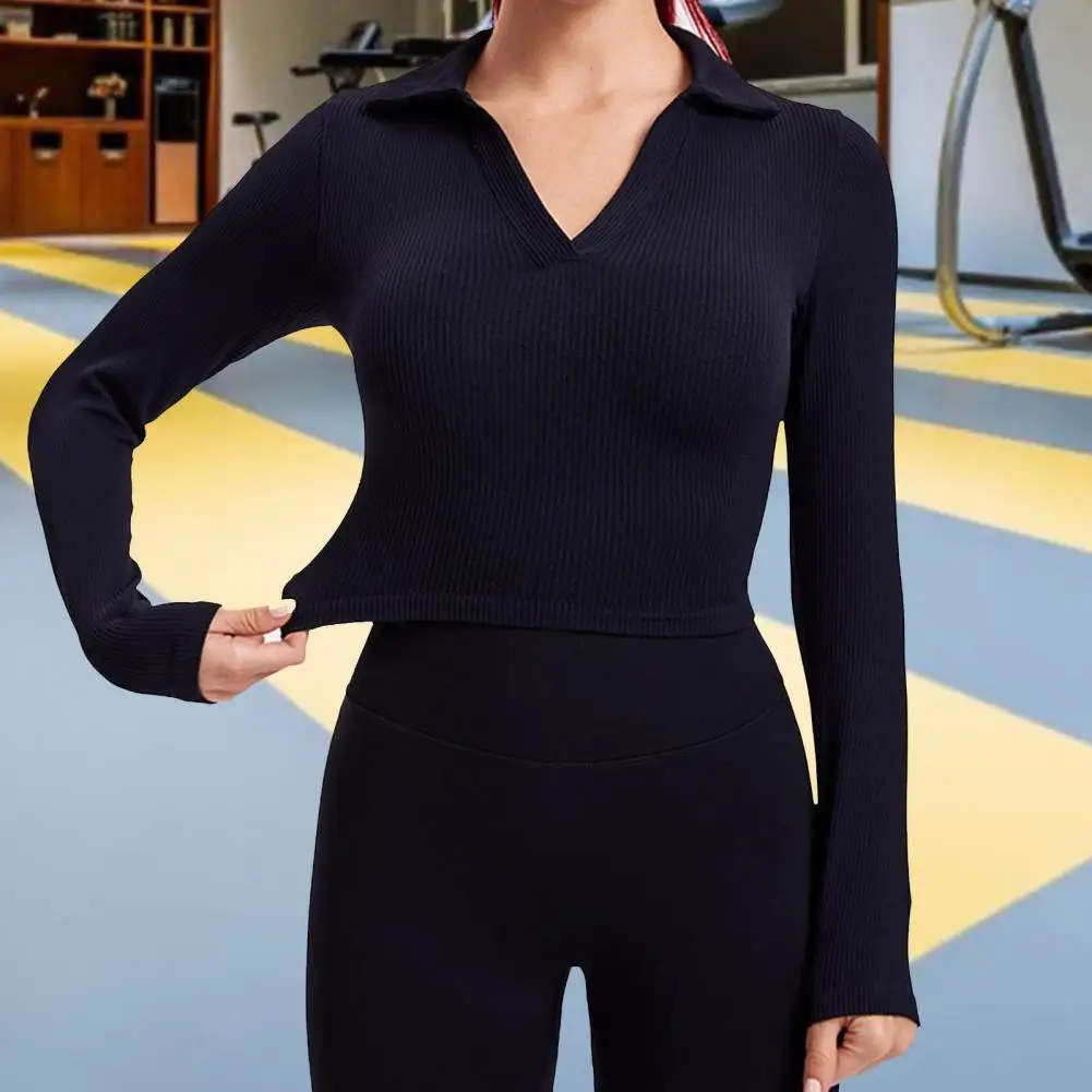 Damska bluzka sportowa skręcić w dół kołnierz jednokolorowe długie rękawy Sweat absorpcja pulower wygodna miękka krótka wzór Lady Yoga