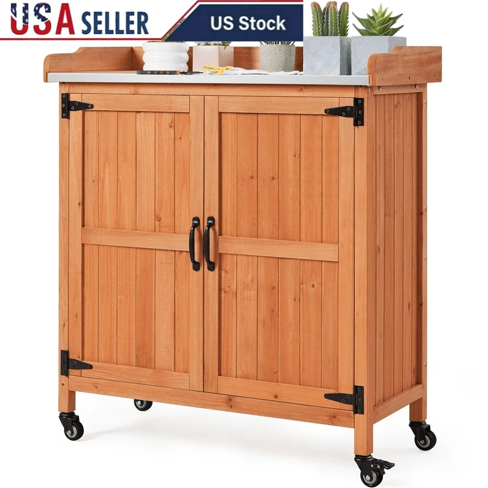 

Wooden Garden Potting Bench Table with Cabinet Outdoor Raised Height Galvanized Metal Platform Storage Shelves Lockable Castors