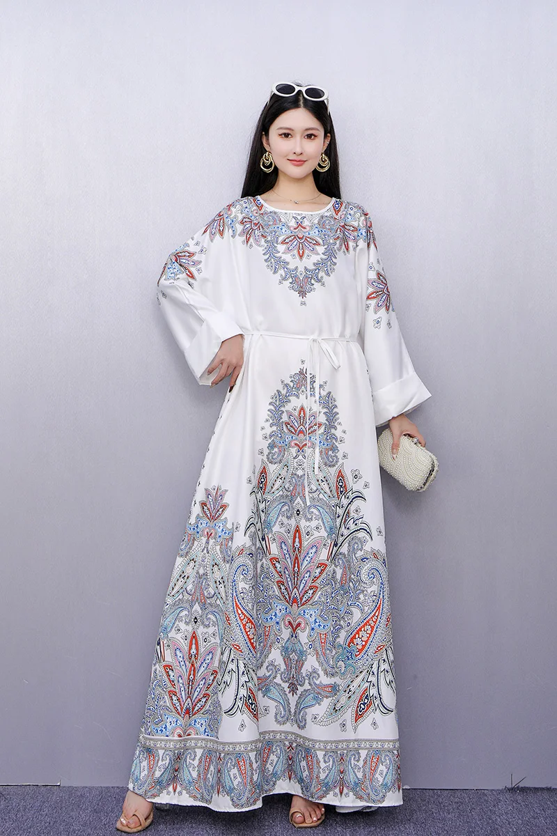 2025 Primavera Verano nuevo elegante estampado suelto vestidos largos mujeres manga larga elegante vestido femenino al por mayor J1033