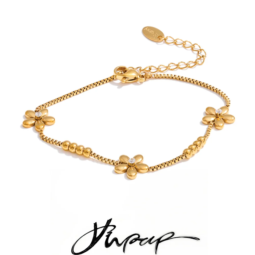 Yhpup Stainless Steel Zircon Flower Chain Bracelet Bangle Waterproof Metal Fashion Trending Wrist Jewelry Accessories