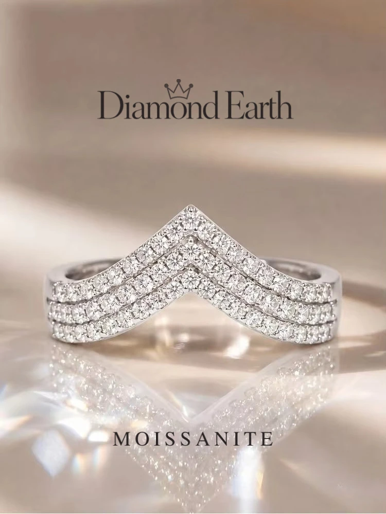 Real Round Moissanite Diamond V-shaped Wedding Band Rings for Women Daily Wear Anniversary 925 Sterling Silver Fine Jewelry