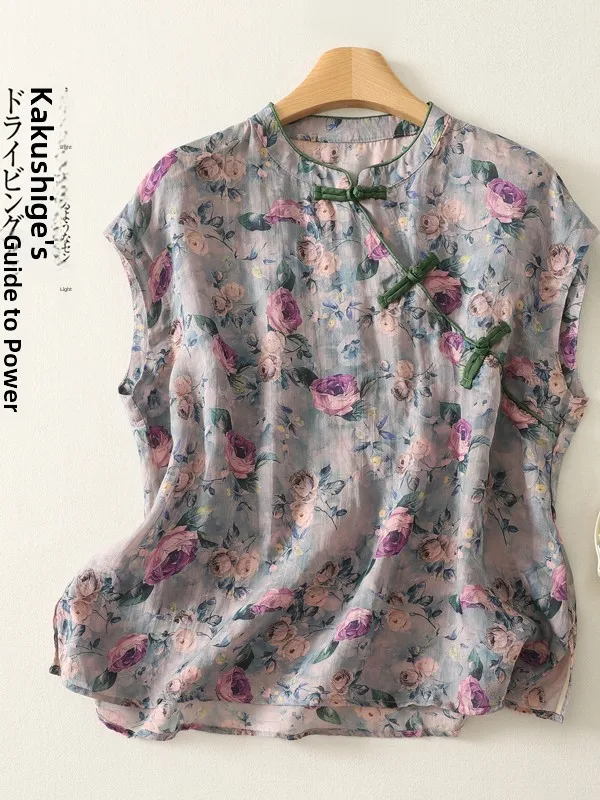

Fashionable Retro Large Size Women's Shirt Korean Japanese Style Summer Casual Print Loose Fit Short Sleeve Button up Top