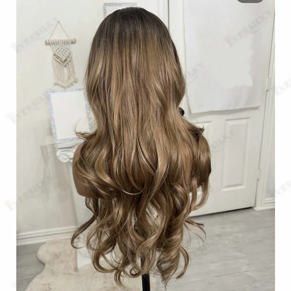 Perruques de cheveux humains indiens pleine dentelle avant pour femmes sans colle frange brun doré légèrement vague longue Remy 5x5 HD dentelle/360 perruques de dentelle