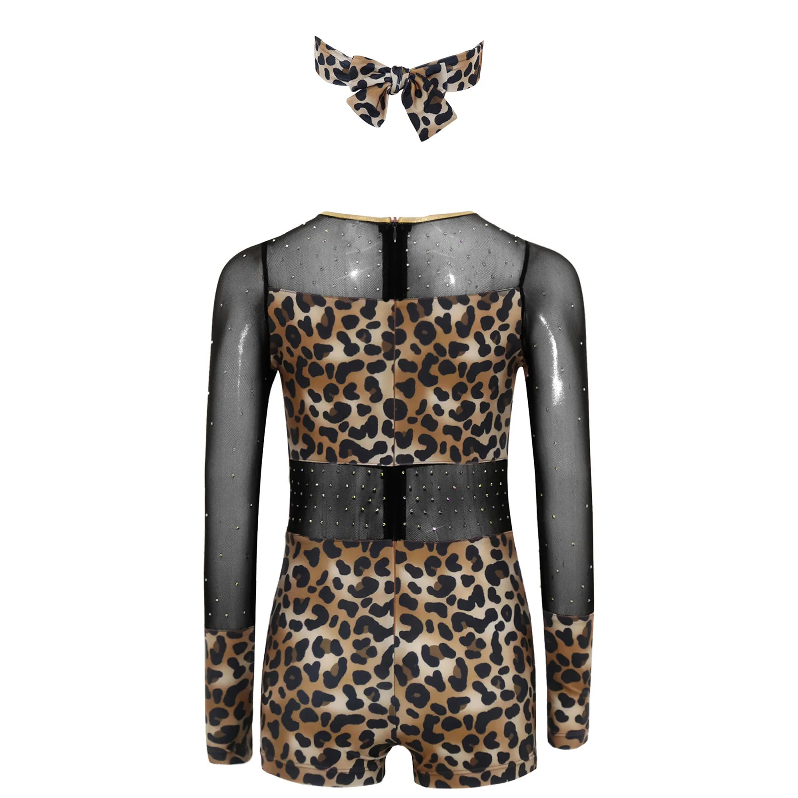 Kinder Mädchen Strass Leopardenmuster Jumpsuit für Ballett, Halloween Höhlenmenschen-Kostüm, Reißverschluss Metallic-Besatz Bodysuit – Detail 6