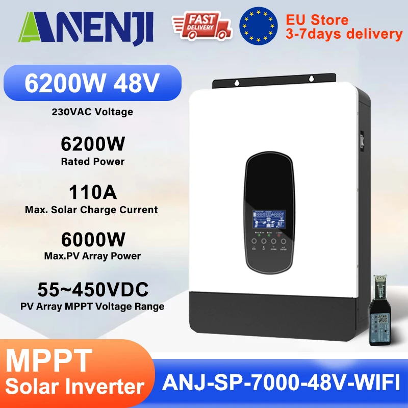 ANENJI 6.2KW Hybrid Solar Inverter 48V 220V Photovoltaic Pure Sine Wave On Grid&Off Grid 120A Solar Charger PV 500V with WIFI