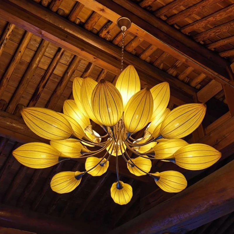 

New Chinese Cloth Zen Lotus Pendant Lamp for Living Room Hotel Lobby Restaurant Chandelier Interior Lighting Hanging Fixture