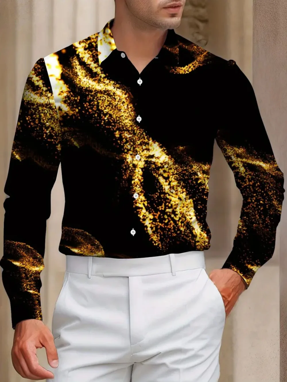 

Men's gilded pattern printed shirt, long sleeved lapel single breasted men's shirt, fashion designer designed shirt