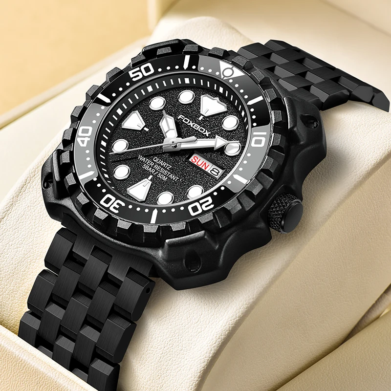 FOXBOX New Men\'s Watches Top Luxury Quartz Watch For Men Luminous Chronograph Stainless Steel Waterproof Watches reloj hombre