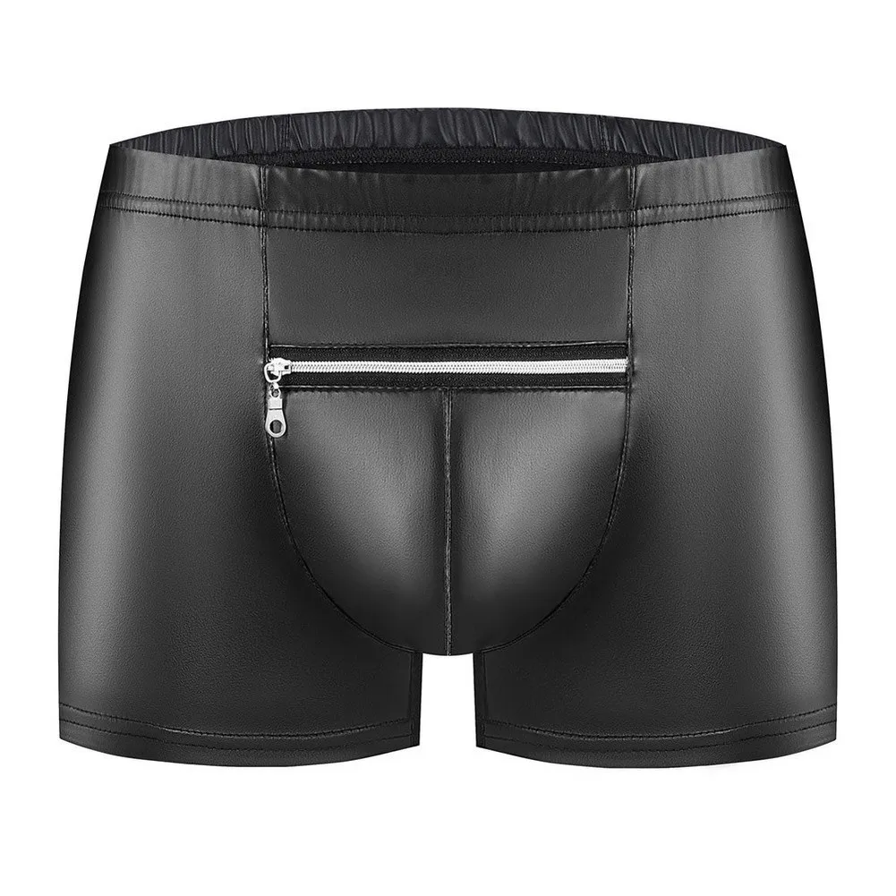 Men's Performance-Oriented Boxer Shorts Featuring Matte Faux Leather Exterior Zipper Closure and Contoured Bulge Pouch